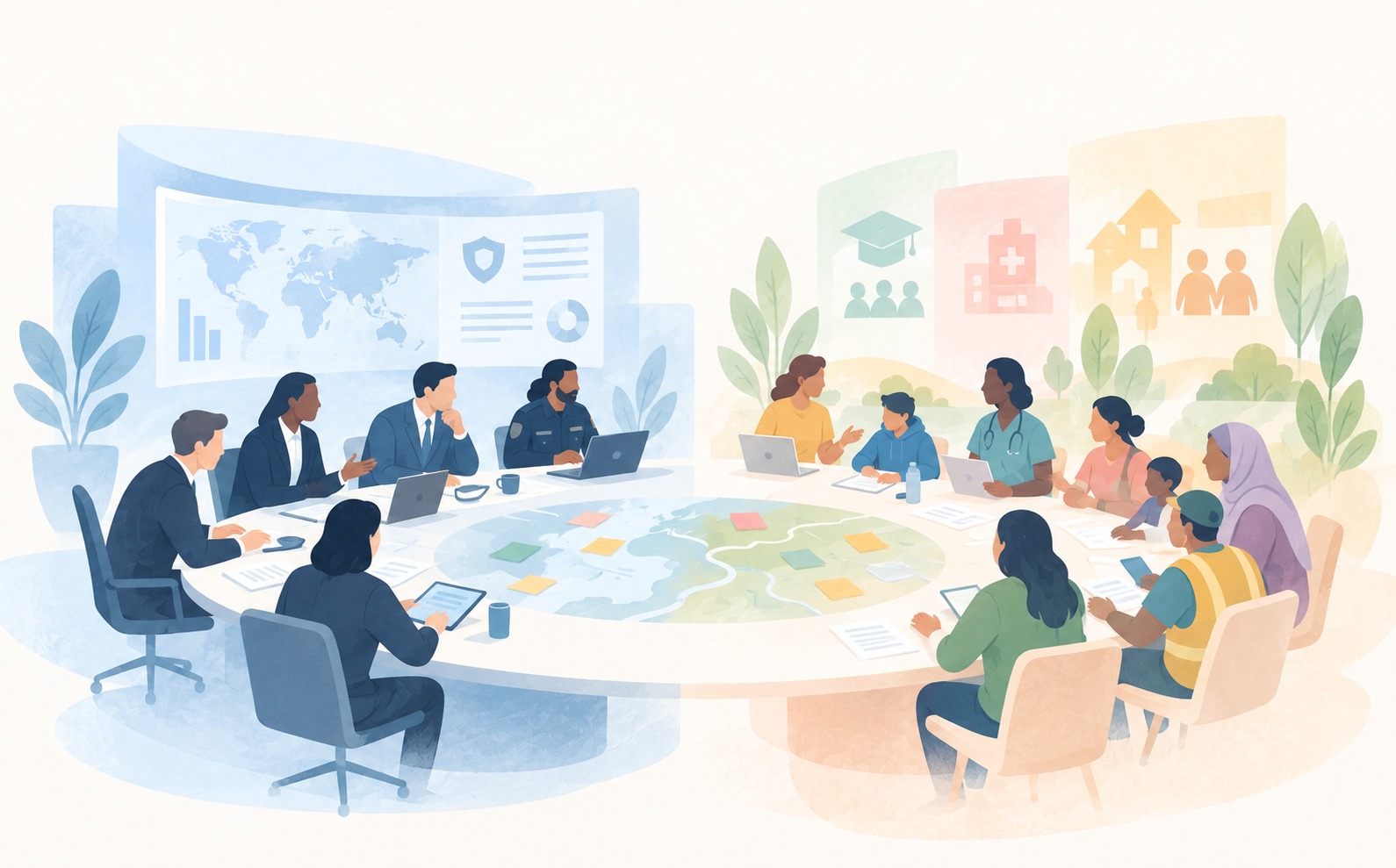 Illustration of a diverse group gathered around a table for a participatory futures exercise